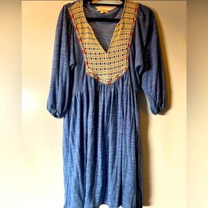 Umgee Blue Boho V-neck Dress w Bishop Sleeves Small